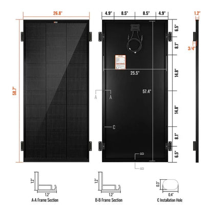 Rich Solar MEGA 200 ONYX 12V 200W Solar Panel With 3/4" Z Brackets